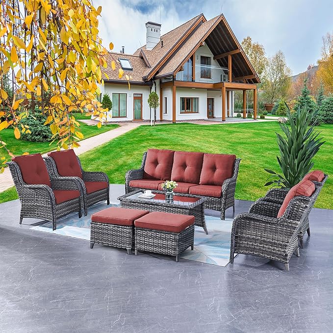 Rilyson Wicker Patio Furniture Chairs Set - 8 Piece Rattan Outdoor Patio Sectional Conversation Sets with Sofa,4 Armrest Chairs,1 Coffee Table and 2 Ottomans for Porch Deck Garden(Mixed Grey/Red)