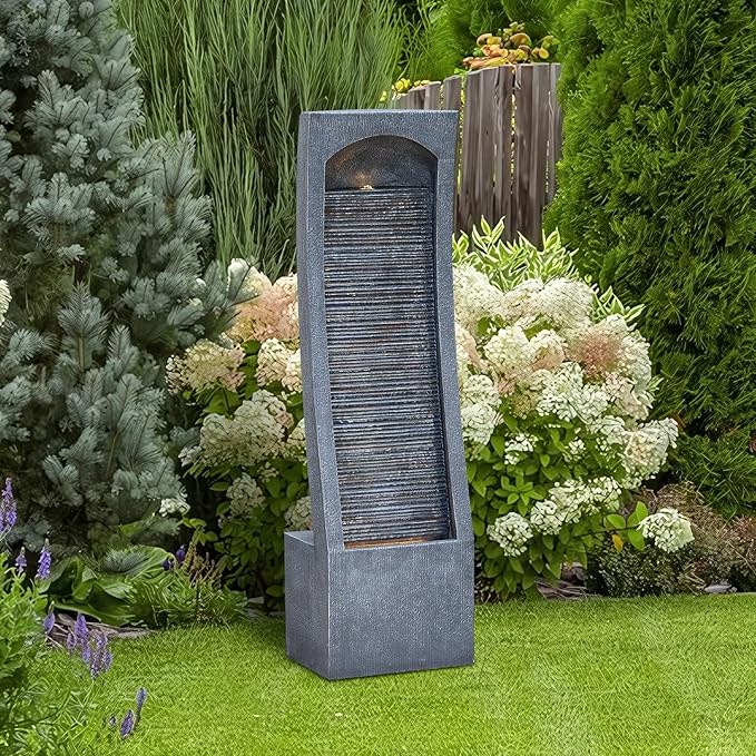 Modern Indoor Water Fountain Curved Faux Slate Waterfall Fountain with LED Lighting, 42.5-Inch Tall Tiered Waterfall Fountains for Garden, Patio, Backyard Decor - Durable and Weather-Resistant Design