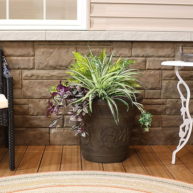 Sunnydaze 19.5-Inch Arabella Large Plant Pot - Polyresin Round Outdoor Planter with Drillable Drainage Holes - Sable