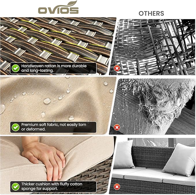 ovios 9 Pieces Patio Furniture Set, Outdoor Wicker Sofa Couch with Swivel Chairs Ottomans Comfy Cushions, High Back Modern All Weather Conversation Sets, Brown Rattan, Beige