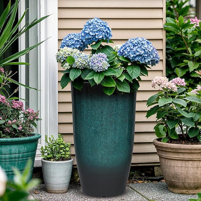 Autodaya 24" Tall Planters Set of 2, High-Density PP Ceramic-Look Outdoor Pots for Plants, Versatile Indoor/Outdoor Flower Pots w/Drainage Hole for Patio Garden Porch & Living Room Decor, Ideal Gift