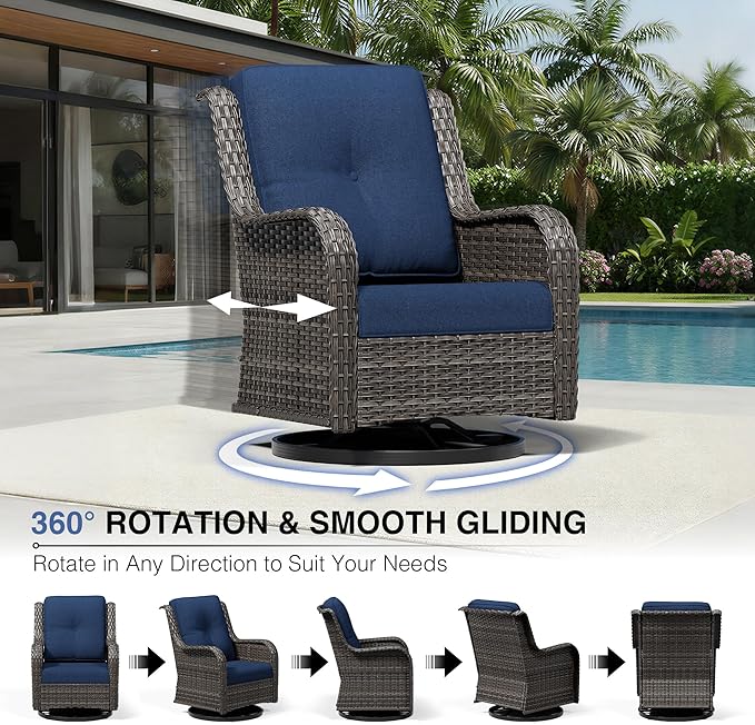 Joyside 3 Piece Wicker Patio Furniture Set with Fire Pit Table, Outdoor Swivel Rocker Patio Chairs with High Back, Deep Seating, Wide Armrest, Thickened Cushions, Outdoor Furniture for Deck, Porch Use