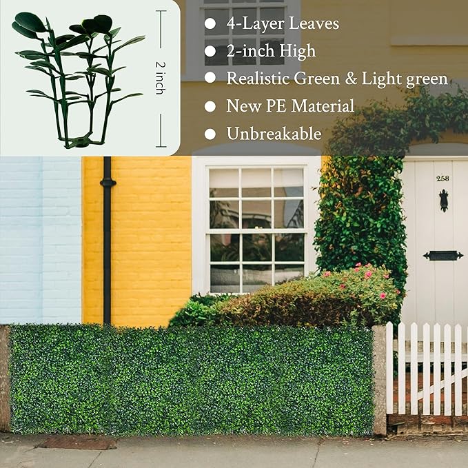 DOPGIB Artificial Grass Wall Panel,10"x 10"(8P) 4-Layer Leaf UV-Anti Greenery Faux Boxwood for Indoor,Outdoor Patio Balcony Privacy & Ivy Fence Covering Privacy, Garden, Backyard Wall Backdrop Decor