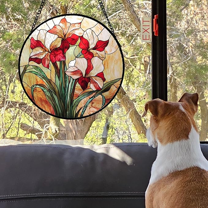 Stained Glass Window Hanging - Red Gladiolus Flower Suncatcher for Door Yard Sun Catchers Decor Christmas Mother's Day Birthday Gifts for Lovers Women Mom Nana Girlfriend Wife 6.3 in