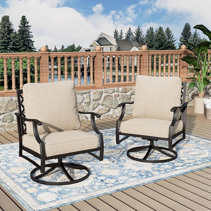 Swivel Patio Chairs Set of 2, High Back Outdoor Swivel Patio Metal Chairs with 5.75" Thick Cushions for Bistro Balcony Porch Deck and Yard, Beige