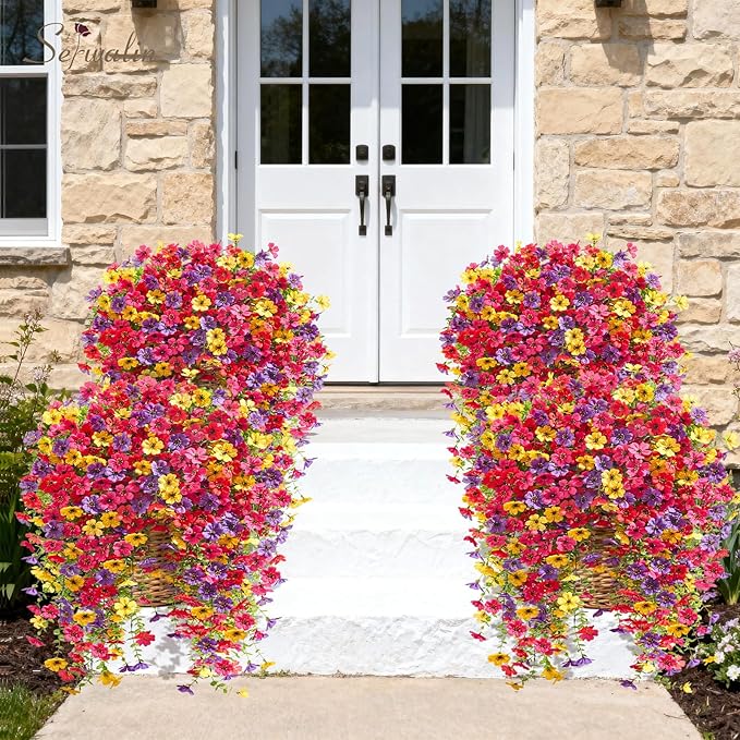 Serwalin 12PCS Artificial Fall Flowers for Outdoors Decoration, Realistic Silk Artificial Fall Hanging Flowers for Patio, Garden, Porch, Window, Outside (Spring Color,12PCS)