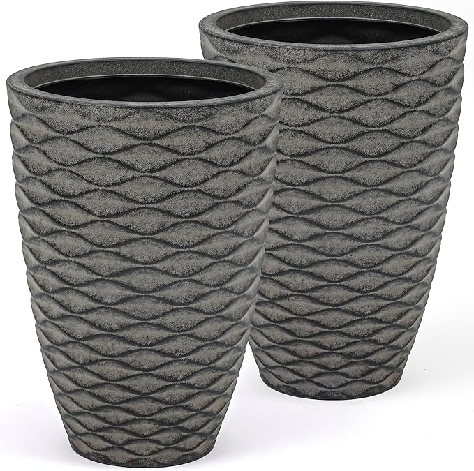 Ultym 19" H Coastal Planter for Indoor/Outdoor Plants, Set of 2 Large Flower Pot with Drainage Hole, Weather/UV Resistant Resin Planters for Garden Patio Porch Home Office Decor, Rustic Black Wavy