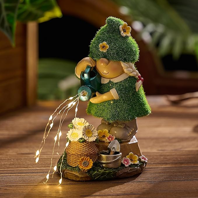 TERESA'S COLLECTIONS Garden Gnome Ornaments with Solar Outdoor Lights for Garden Decor, Lady Gnome Watering Flower Resin Outdoor Christmas Decorations Gifts for Women and Man 7.9"