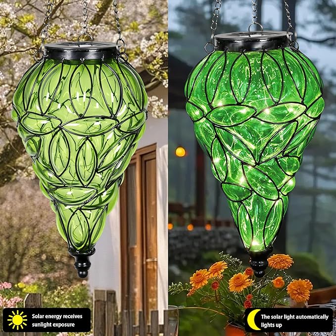 Naboher Solar Hanging Lantern Outdoor Garden Lights, Tear-Shaped Glass and Metal Hanging Lantern, 15 Firefly LED Lights, 7 x 24 Inch,(Green)