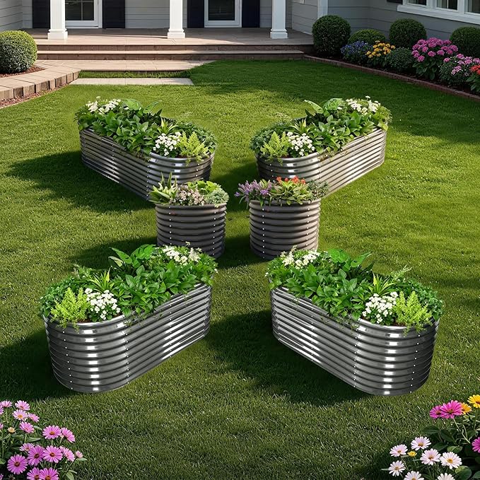 A ANLEOLIFE 6-Piece 30 Inch Extra Tall Galvanized Raised Garden Beds Kit, Large Oval & Round Metal Planters – Ideal for Backyard Vegetables Flowers Herbs, Quartz Grey