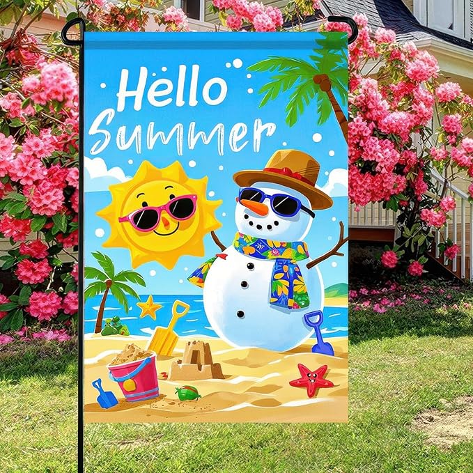 Welcome Summer Garden Flag Sunglasses Snowman on Beach Hawaii Seaside Sunshine Decor Seasonal Outdoor Welcome Yard Flag 12 x 18 Inch Double Sided Decoration