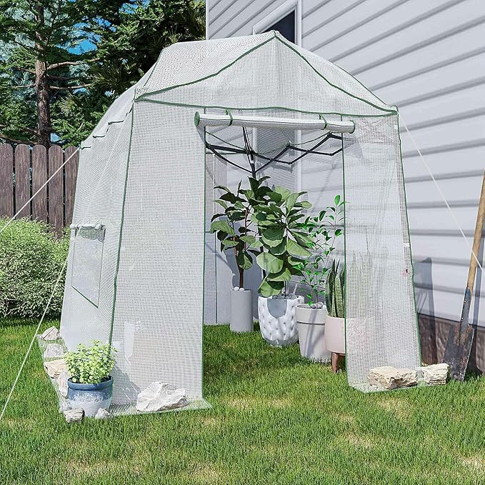 8.5 x 7 x 7 FT Walk-in Greenhouse, Portable Pop-up Greenhouse for Indoor Outdoor, Plant Garden Green House with Zippered Doors, Screen Windows, Heavy Duty Frame and Durable PE Cover