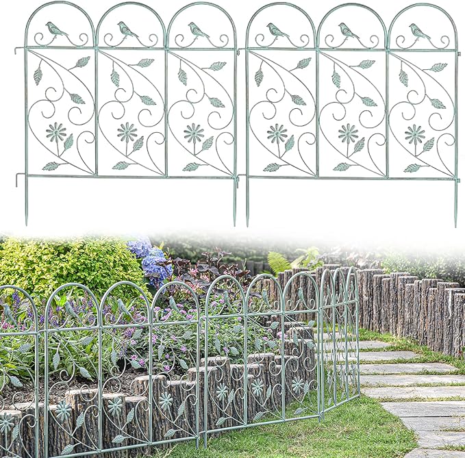 Sungmor 25in x 8ft Metal Garden Fence Border, Rustic Style Decorative Garden Fence Animal Barrier, Landscape Pathway Edge Iron Picket Fence Panels, Plant Support Climbing Trellis, Pack of 4