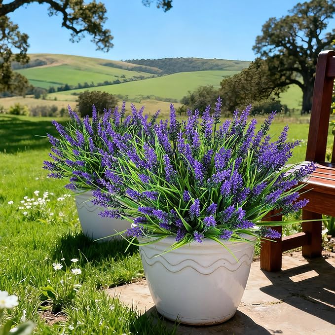 16 Bundles Artificial Plants Outdoor, UV Resistant Fake Lavender & Monkey Grass, Realistic Plastic Faux Plants for Balcony, Patio, Porch Greenery Decor, Planter Filler(Purple)