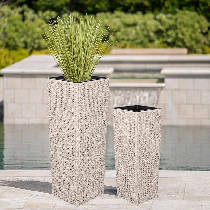 32"H Outdoor Rattan Flower Pots Set of 2,Patio Wicker All-Weather Planter Set,Rattan Plant Pots with Iron Frame for Herb Garden,or Indoor Decor,Large & Small Sizes, No Assembly Required Beige