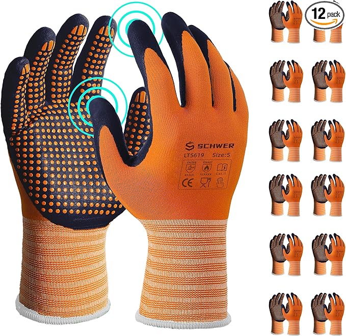 Schwer 12 Pairs LT5619 Work Gloves Micro-Foam Nitrile Coated, Level 4 Abrasion Resistant Nylon Working Gloves with Micro Dot Grip for Men Women, Touchscreen, for Automotive Electronic Assembly, Small