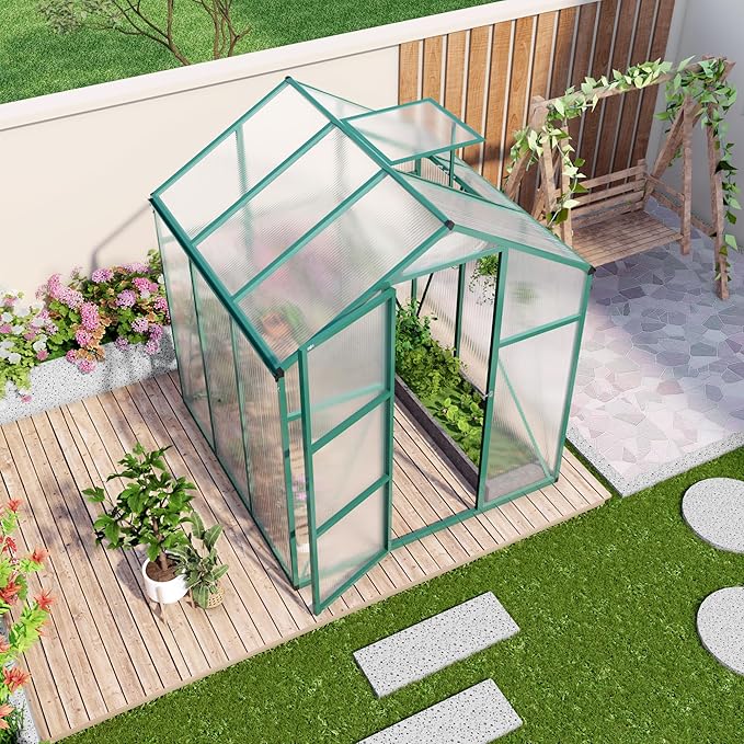 6x6 FT Greenhouse,Outdoor Greenhouse W/ Roof Vent,Walk-in Aluminum Polycarbonate Green Houses W/ Drainage System & Ground Nails,for Outside Garden,Backyard,Patio,Lawn,Green