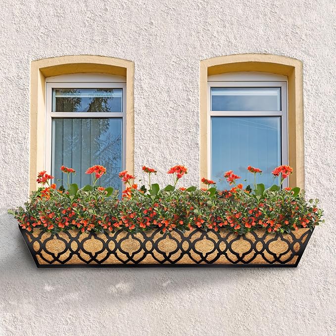 HFHOME 4 Pcs 30" Window Box Deck Railing Planter with Horse Trough Coco Liners, Black Metal Hanging Flower Planters Baskets for Indoor, Outdoor, Balcony, Porch, Fence, Patio, and Lawn