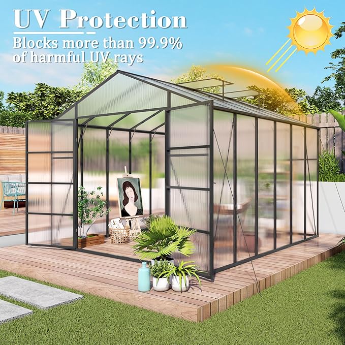 10x12T Greenhouse,Outdoor Polycarbonate Greenhouse with Roof Vent & Integrated Gutters,Aluminum Large Walk-in Green House W/ Reinforced Frame for Outside Garden Backyard,Black
