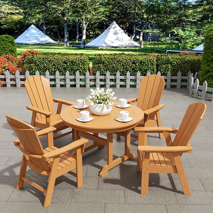 WestinTrends Malibu 5 Piece Adirondack Patio Dining Set, All Weather Poly Lumber Outdoor Table and Chairs Furniture Set, 47" Trestle Round Dining Table and 4 Adirondack Dining Chair, Teak