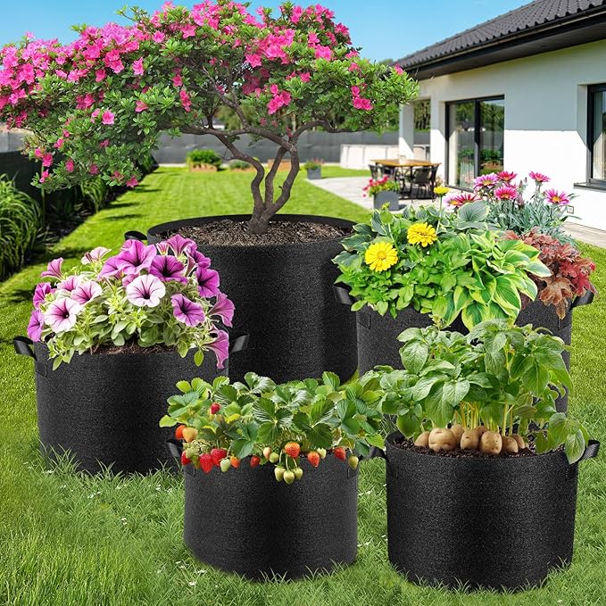 Jorvila 10 Pack 7 Gallon Grow Bags, Thickened Nonwoven Fabric Planter Pots with Handles, Heavy Duty 300G Garden Pots for Tomato, Potato and Vegetable