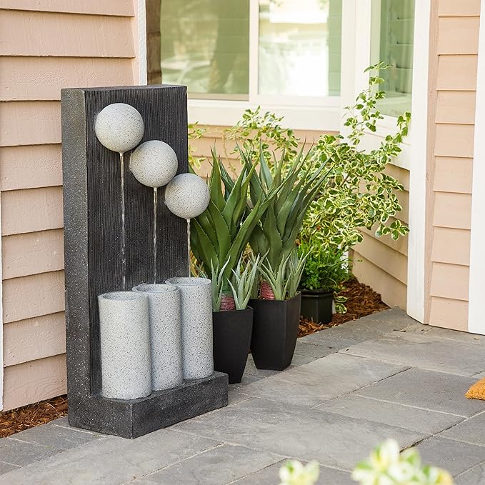 Alpine Corporation 37" Tall Outdoor Floor Calming Infinity Fountain with LED Lights, 3-Tier Modern Water Fountain, Gray