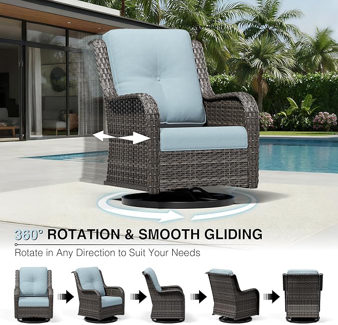 Joyside 3 Piece Wicker Patio Furniture Set, Outdoor Swivel Rocker Patio Chairs with High Back, Deep Seating, Wide Armrest, Thickened Cushions, Outdoor Furniture for Deck, Porch Use