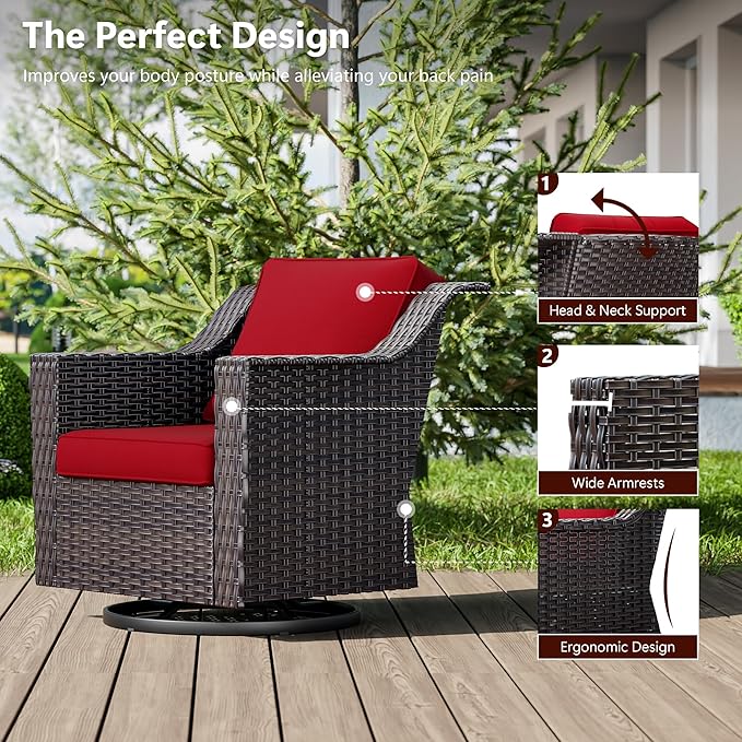 4 Pieces Wicker Patio Furniture, Luxury Outdoor Furniture with 2 Patio Swivel Chai and 2 Patio Ottoman, Wide Armrest, Thickened Cushions, Ideal for Deck, Porch Use