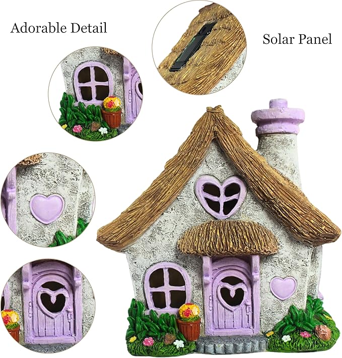 PRETMANNS Fairy House for Outside with Solar Powered LED Lights for Garden - Fairy Garden Houses for Outdoor - Miniature Accessories for Cottage Decor for Village - 7.56” High, Lavender