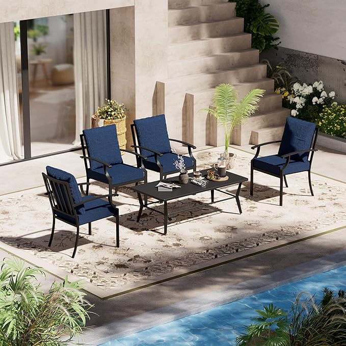 5-Piece Patio Furniture Set, Outdoor Table and Chairs with Rectangular All-Iron Coffee Table and 4 Chairs with Thick Cushions, Patio Conversation Set for Backyard, Balcony and lawns,Navy blue