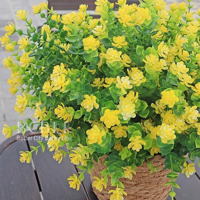 BCBLF Artificial Flowers for Outdoors, 12 Bundles UV Resistant Realistic Faux Plants for Outside Porch Planter, Spring Summer Home Garden Decoration, Yellow