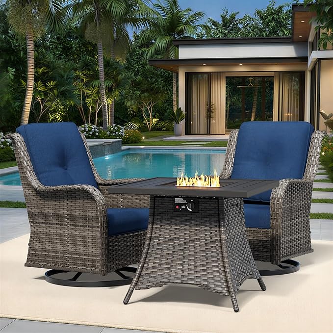 Joyside 3 Piece Wicker Patio Furniture Set with Fire Pit Table, Outdoor Swivel Rocker Patio Chairs with High Back, Deep Seating, Wide Armrest, Thickened Cushions, Outdoor Furniture for Deck, Porch Use