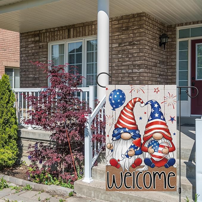 4th of July Garden Flag 12x18 Double Sided Vertical Small Burlap Welcome Patriotic Gnome Independence Day Memorial Day Yard Outdoor Decoration