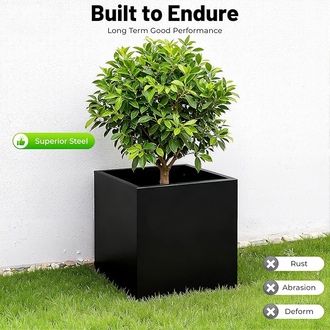 Steel Planter Box Metal Square Indoor Outdoor Planter Box for Outdoor Plants Large Planters Cube Heavy Duty Flower Pot Commercial Residential for Home Garden Deck Porch Patio (Black, 20 x 20 x 20 in)