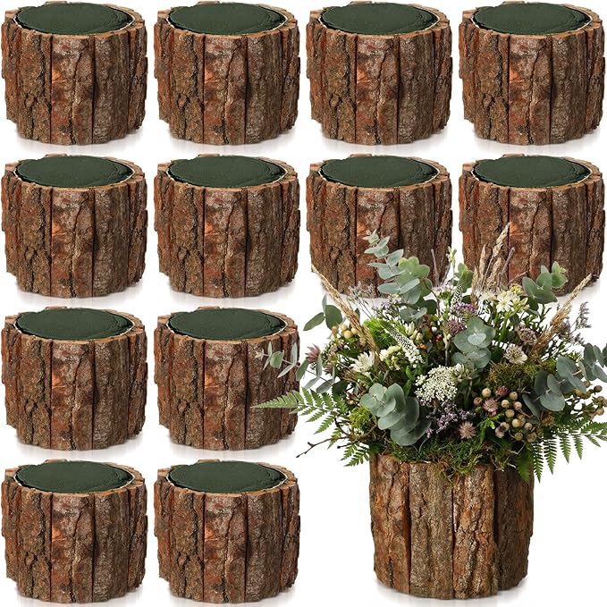 12 Set Wooden Vase for Centerpieces Wooden Flower Vase with Flower Mud Rustic Bark Stump Buckets Vintage Wood Planter Pots for Woodland Party Wedding Window Home Farmhouse Table Decor