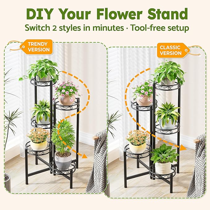 NQW Metal Plant Stand Indoor Outdoor, 5 Tier 5 Potted Multiple Plant Shelf Stands, Wrought Iron Flower Holder Shelf, Folding Tall Rack Shelf for Patio, Balcony, Corner Living Room - BlackCircle