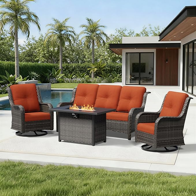 Joyside 4 Piece Wicker Patio Furniture Set with Fire Pit Table, Outdoor Swivel Rocker Patio Chairs with High Back, Deep Seating, Wide Armrest, Thickened Cushions, Outdoor Furniture for Deck, Porch Use