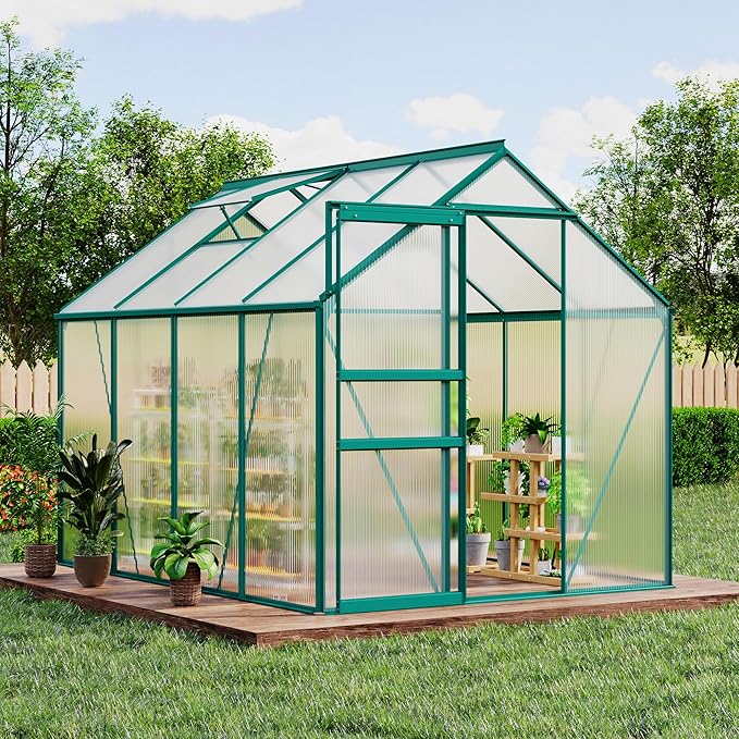 Garvee 6 x 8 FT Outdoor Greenhouse, Polycarbonate Greenhouses with Aluminum Frame, Sliding Door, Adjustable Roof Vent for Backyard, Green Houses for Outside Garden Backyard, Patio, Green