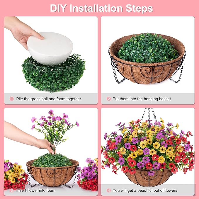 Artificial Flowers Hanging Basket for Outdoor Spring Decor, Fake Silk Mums Daisy with Eucalyptus in 12" Metal Coconut Lining Pot Arrangement for Home Patio Yard Decor(Purple Red Yellow)