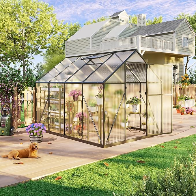 6x7.5FT Outdoor Greenhouse, Polycarbonate Greenhouse, Small Walk-in Greenhouse with Vented Roof Window, Windproof Aluminum Frame with Quick-Installation Structure, Suitable for Gardening