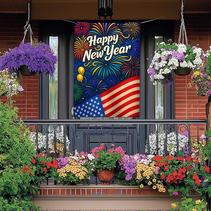 Happy New Year House Flag 28x40 Inch Double Sided Garden Flag American Flag and Fireworks Design Winter Holiday Yard Banner Large Outdoor Polyester Flag for Porch Lawn Home Decoration