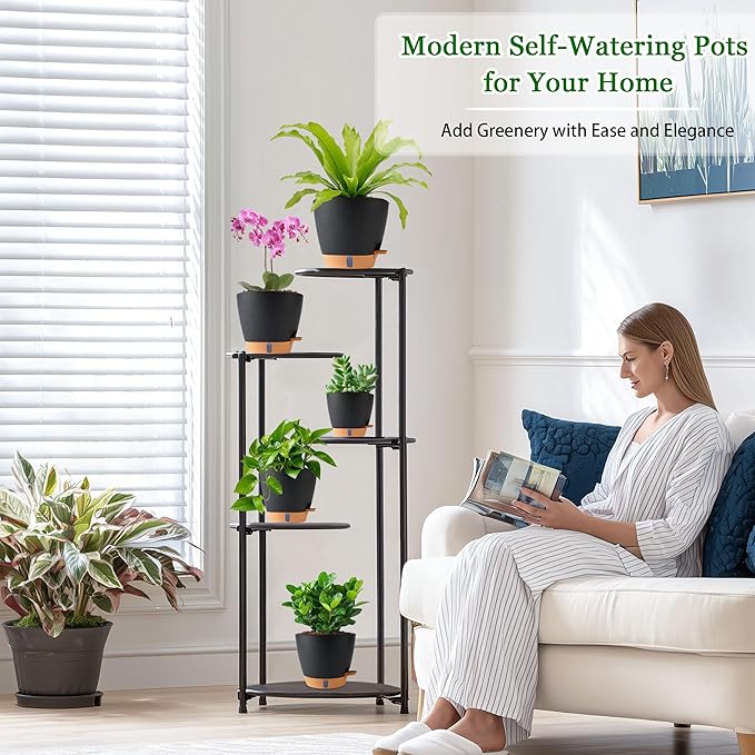 Fielda Self Watering Pots for Inoor Ourdoor Plants 8/7/6.5/6/5 Inch Plastic Planters with Drainage Holes & Water Level Indicator, Decorative House Flower Nursery Planting Pots with Saucers (Black)