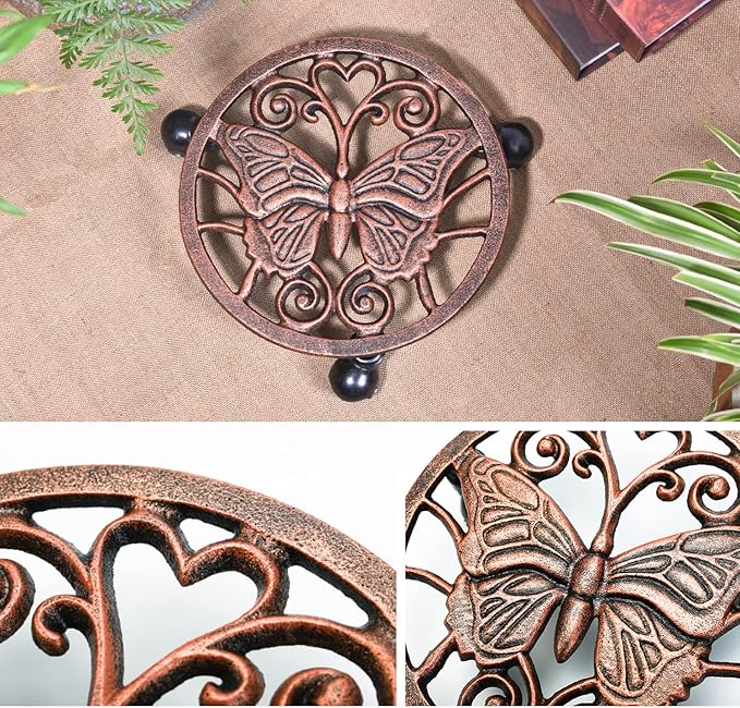 Sungmor Heavy Duty Cast Iron Plant Caddy with Wheels - 2 Pack Vintage Butterfly Design Plant Stand, Metal Rolling Plant Tray for Indoor & Outdoor Use - 11 Inch, Antique Bronze