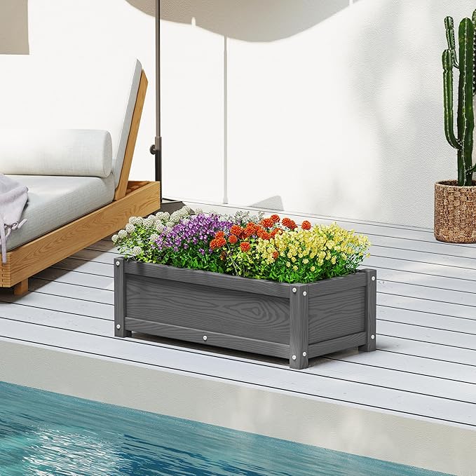 HDPE Planter Box, All-Weather Outdoor Garden Bed Easy to Assemble, Drainage System, Low Maintenance, Non-Fading, for Flower/Herb/Seed (Gray)