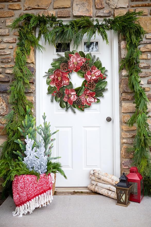 Briful 24in Christmas Magnolia Flower Wreath for Front Door Artificial Red Magnolia Floral Wreath with Pine Cones Berries Outdoor Christmas Wreath for Xmas Home Room Wall Window Mantle Decor