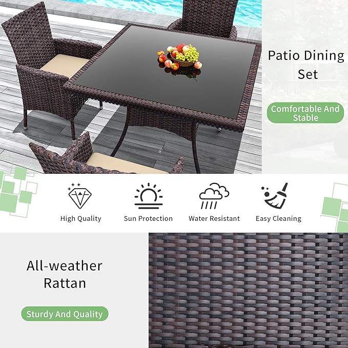 15 Piece Outdoor Dining Set,Rattan Patio Conversation Set of 12 Chairs,Patio Dining Table and Chairs w/Cushions,Square Glass Tabletop,Umbrella Cutout for Patio,Sand