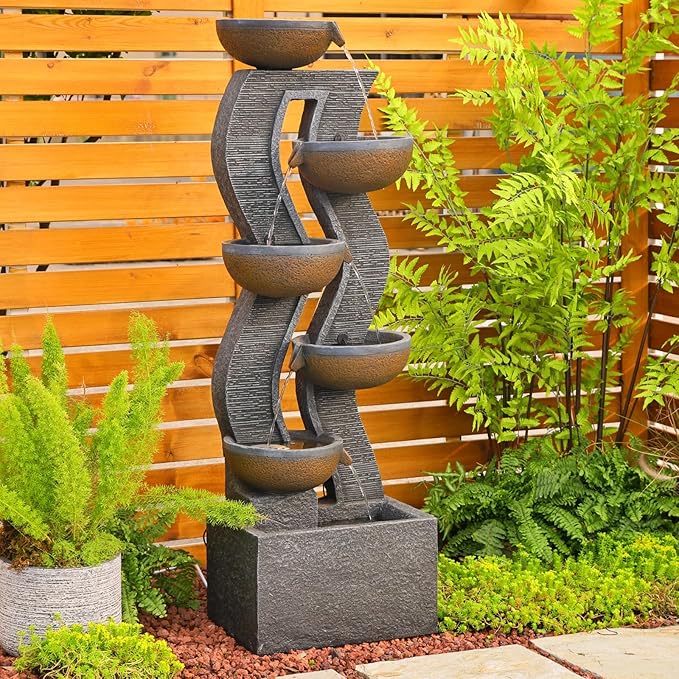52.8" Tall Outdoor Water Fountain and Waterfall with LED Lights, Cascading Bowl Garden Waterfall Fountain for Patio, Garden, or Porch Decor – Large Freestanding Resin Water Feature for Backyard