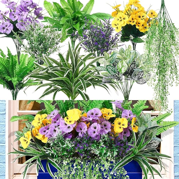 24 Pcs Outdoor Artificial Plants UV Resistant Faux Plant Fake Greenery Stems Faux Shrubs Flower for Outside Hanging Front Porch Patio Garden Window Box Home Wedding Summer Spring Decor(Green Purple)