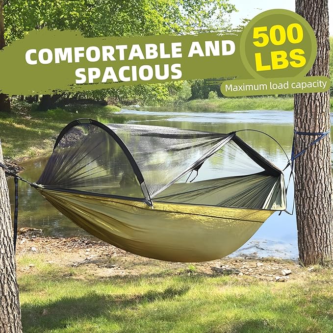 Lulladle Camping Hammock - Double and Single Hammock Portable with Tree Straps and with Mosquito Net，Nylon Hanging Hammock Easy Setup and Pack for Outdoor, Indoor, Hiking and Backyard