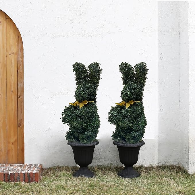 BLONYUVC Bunny-Shaped Topiary Ball 36'' Artificial Tree Rabbit Bowknot Pot UV-Resistant Faux Boxwood Topiaries Plant for Porch Decor Outdoor/Indoor 2 Pack